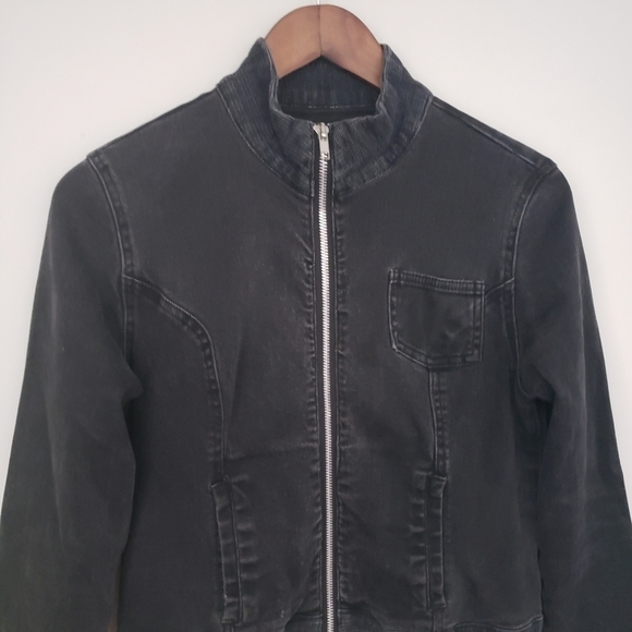 Black Cropped Denim Jacket Banded Distressed Size Medium - Picture 2 of 11